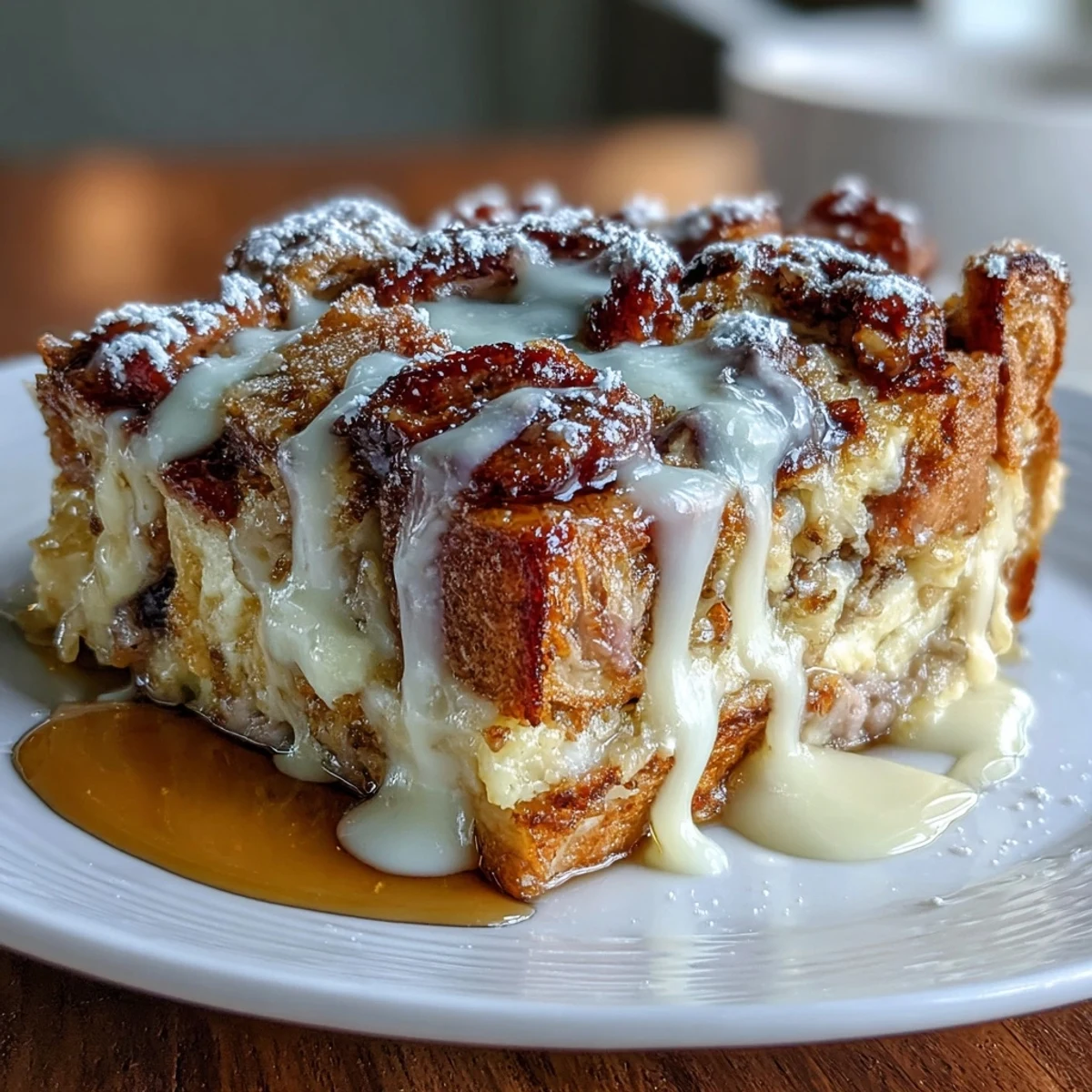 A sliced piece of Monte Cristo Breakfast Casserole on a plate, drizzled with maple syrup and topped with fresh berries.