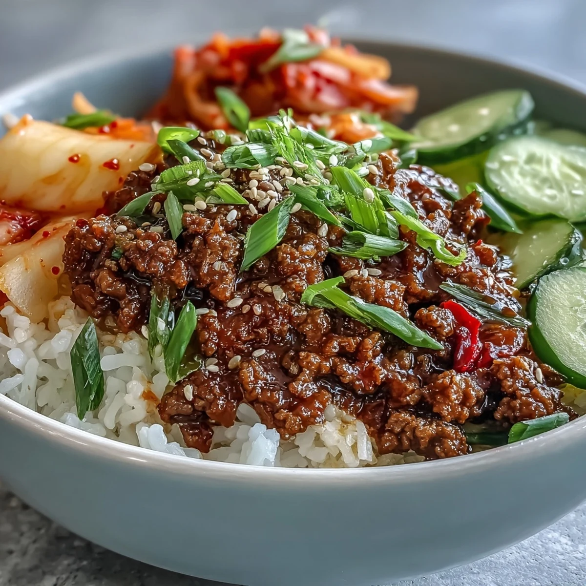 Close-up of a Korean Beef Bowl with seasoned ground beef, gochujang sauce, and pickled vegetables on steamed rice.