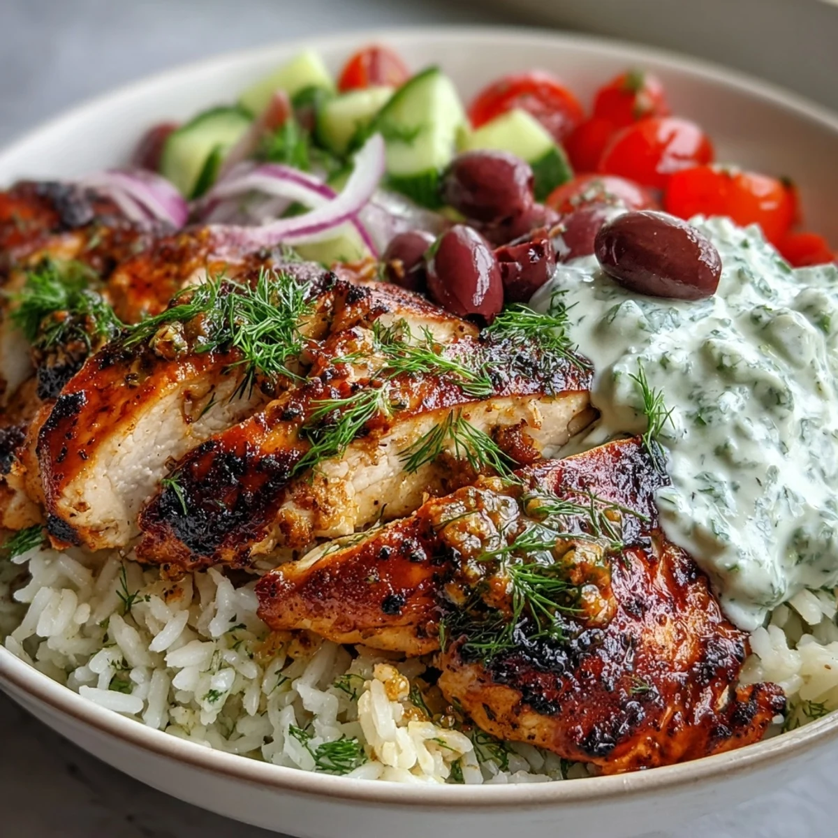 Brightly colored Greek Chicken Bowl with juicy grilled chicken, herbed rice, tomato-cucumber salad, Kalamata olives, and creamy tzatziki sauce.