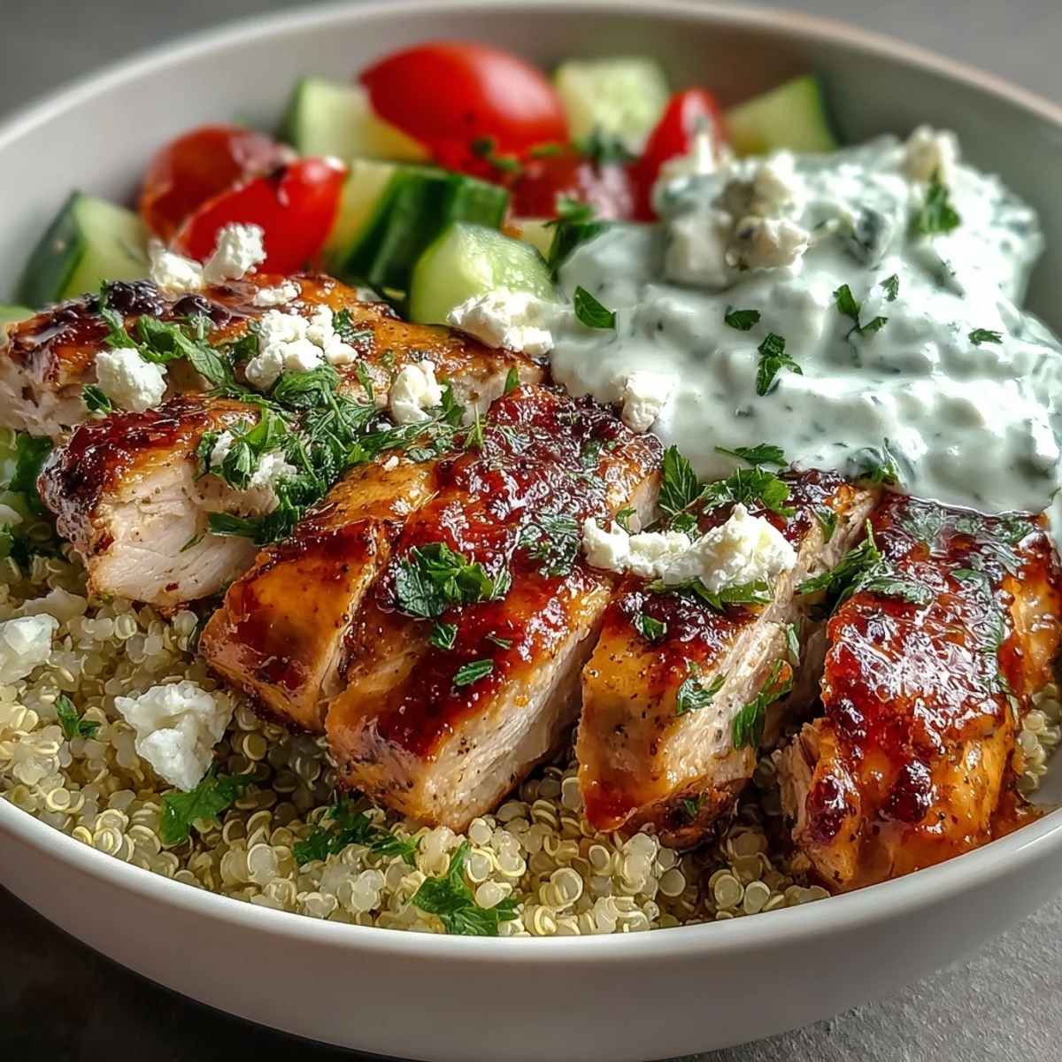 Vibrant Greek Chicken Power Bowl with juicy sliced chicken, fluffy quinoa, cherry tomatoes, cucumber, and creamy tzatziki.