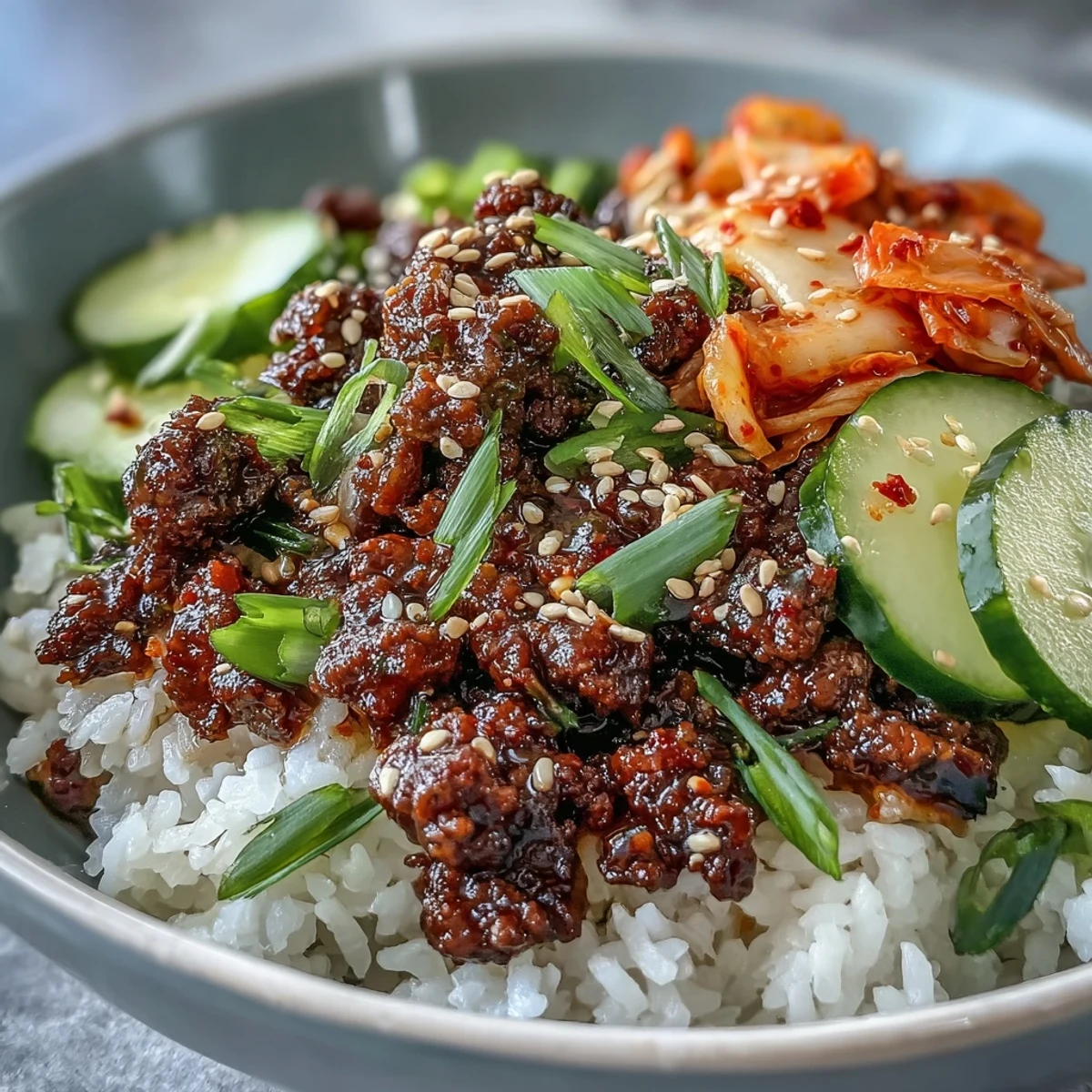 Vibrant Korean Ground Beef Bowl topped with crunchy carrots, cucumbers, and tangy kimchi.