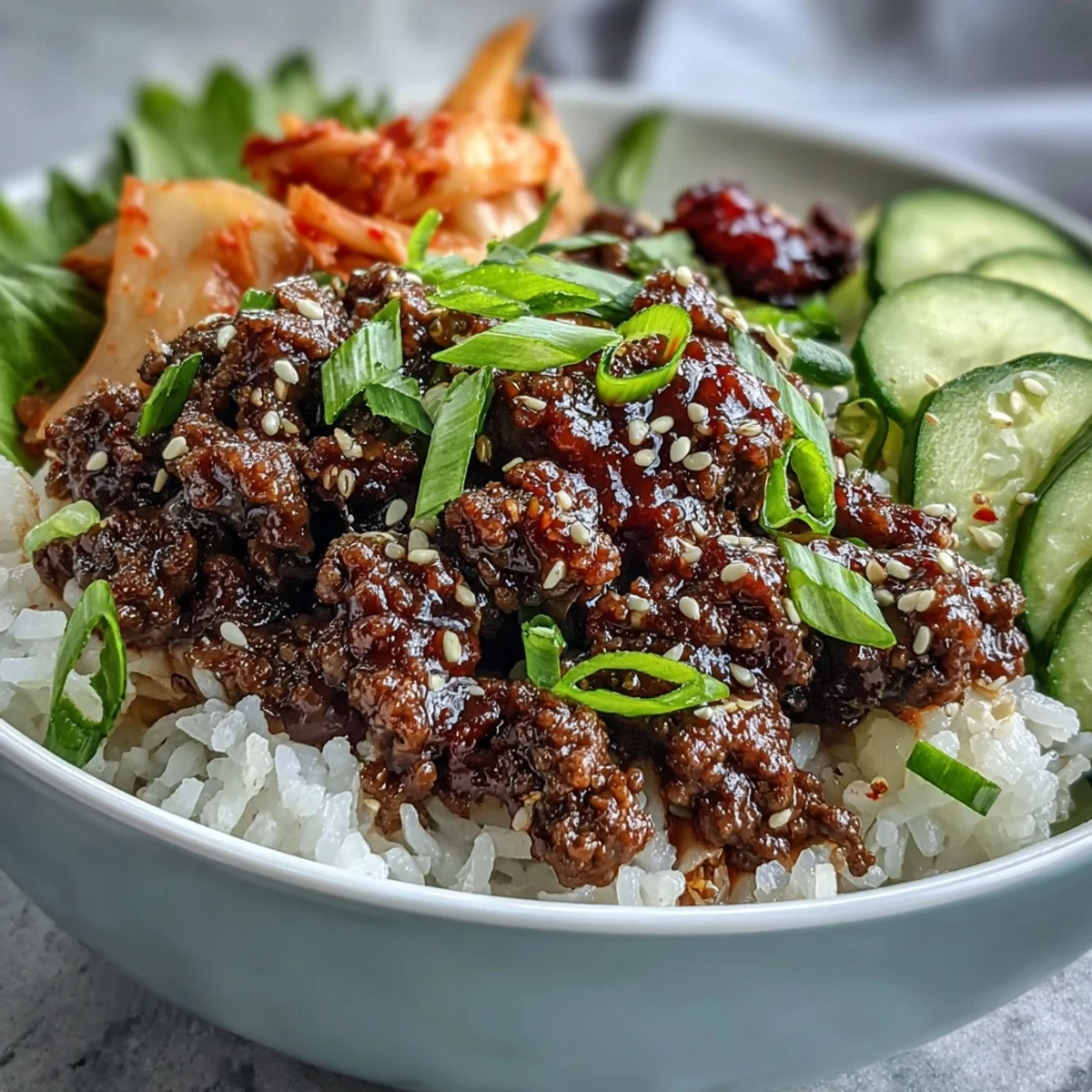 Sizzling skillet of Korean Ground Beef Bowl drizzled with sesame oil, ready to serve.