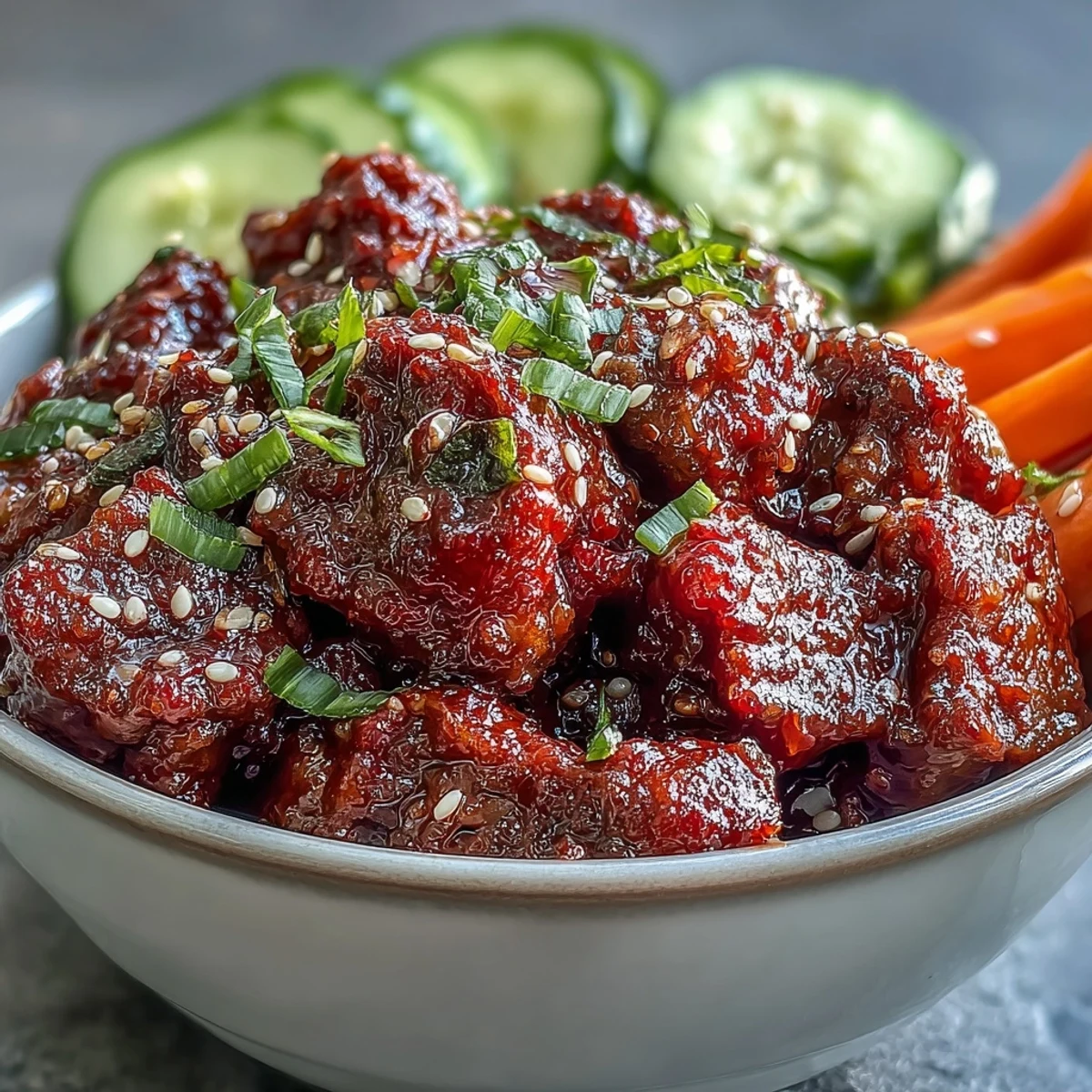 Sizzling ground beef coated in spicy gochujang sauce for an Easy Korean Beef Bowl.