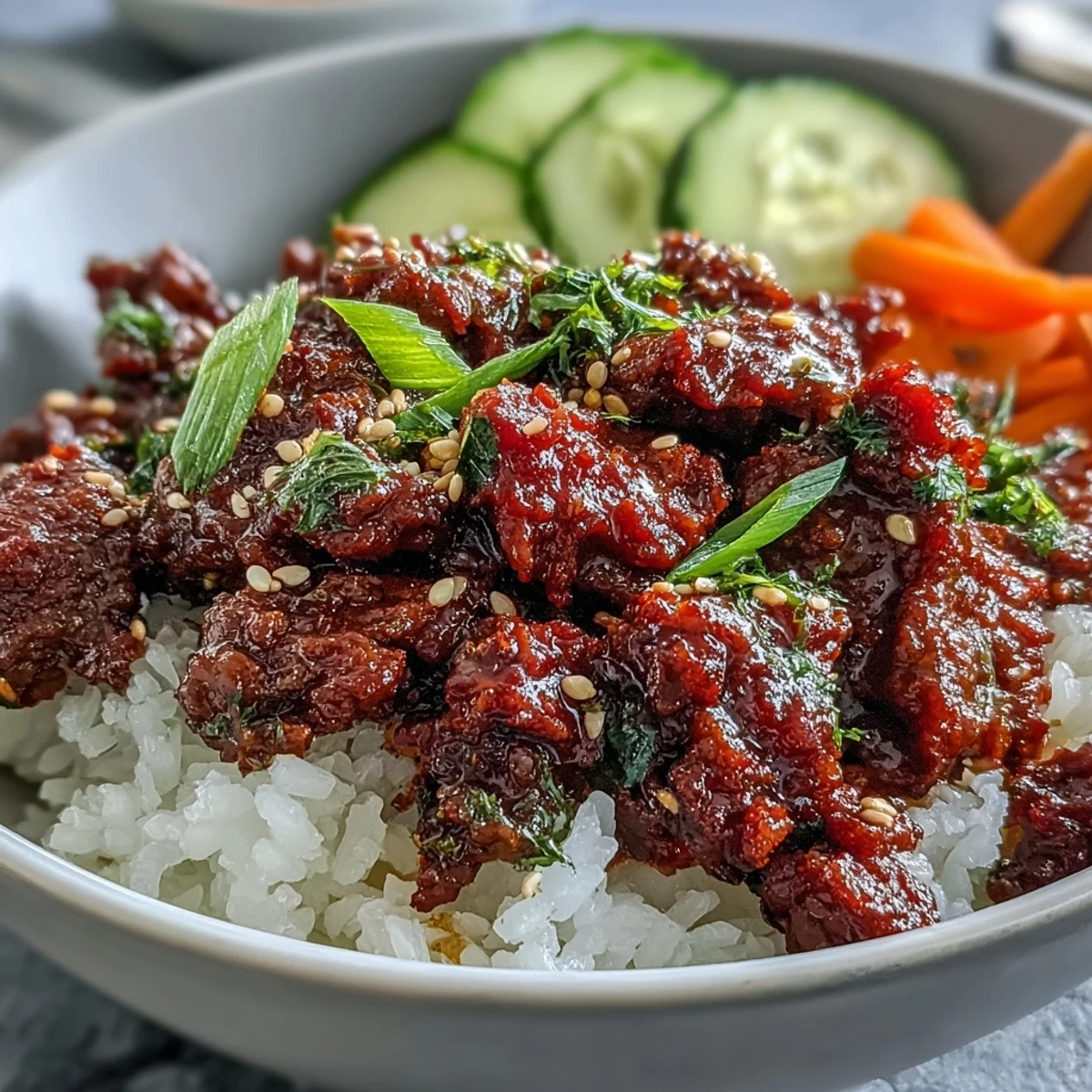 Steaming Easy Korean Beef Bowl garnished with green onions and sesame seeds over white rice.