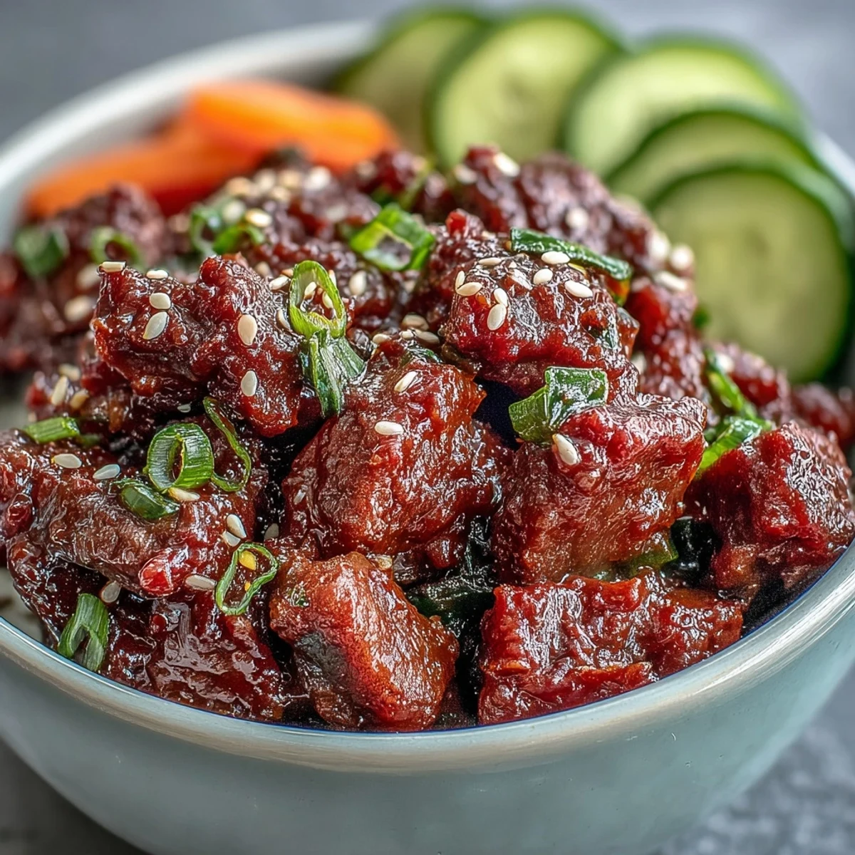 Freshly prepared Easy Korean Beef Bowl with cucumber, carrots, and red chili slices.