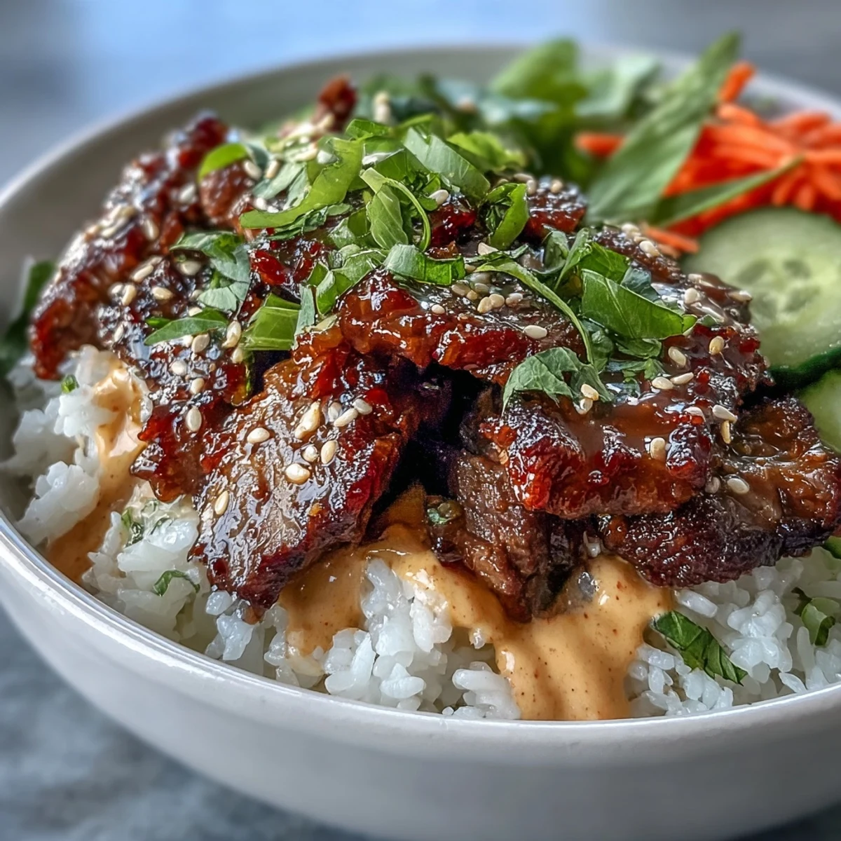Korean Beef Power Bowl with tender sesame-ginger beef, fluffy rice, tangy pickled carrots, crisp cucumber, and a creamy sriracha mayo drizzle.