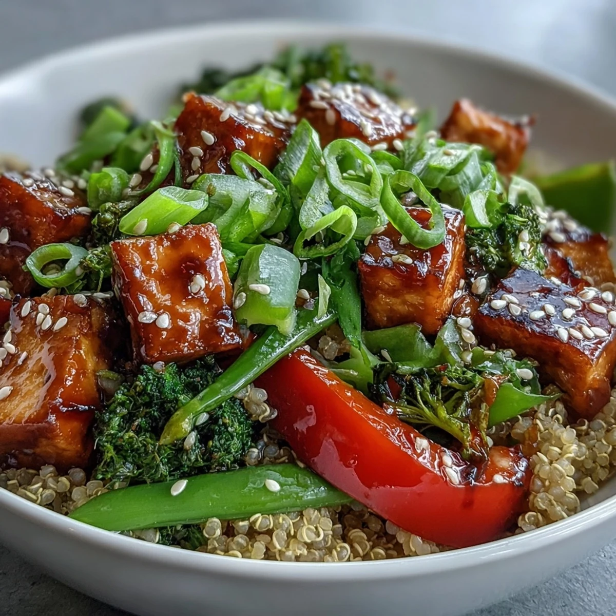 Fluffy quinoa and colorful crisp vegetables drenched in glossy homemade teriyaki sauce in a white bowl.