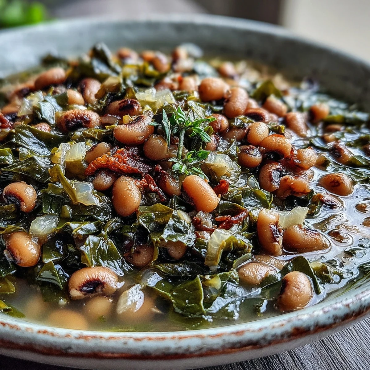 Hearty Black-Eyed Peas With Collard Greens simmered in a savory broth, served with warm cornbread wedges.