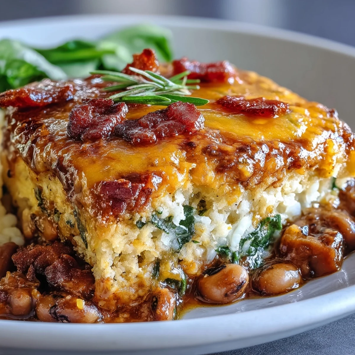 Golden-brown Tex Mex Black Eyed Pea Casserole with melted cheddar cheese, bacon, and Rotel tomatoes, served in a white dish.