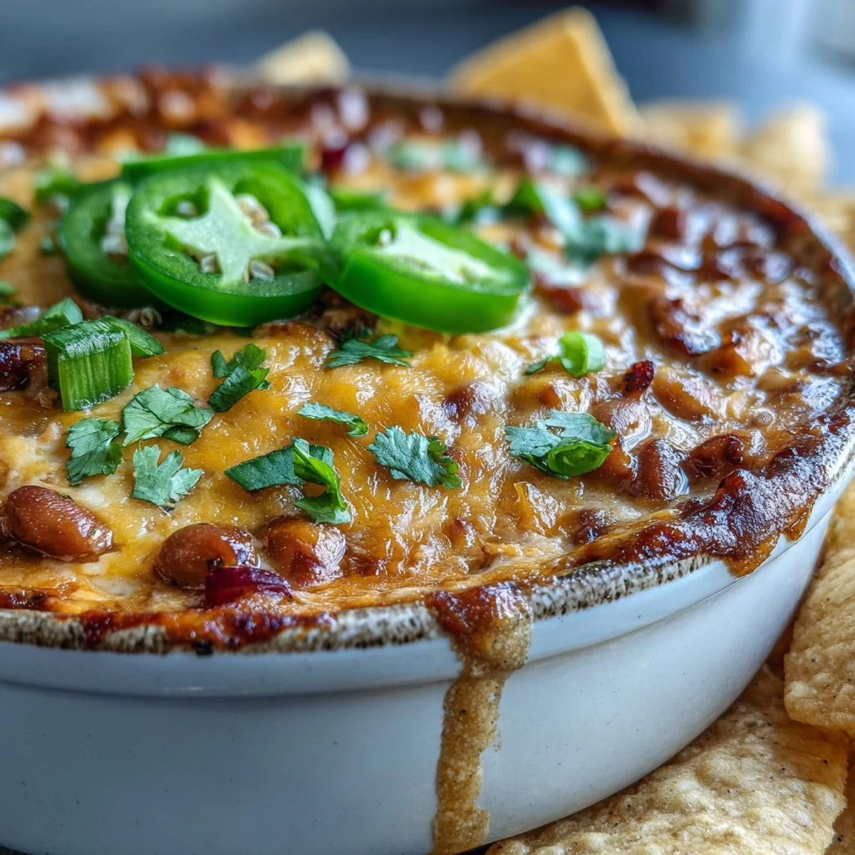 Steaming Hot Black-Eyed Pea Dip with Jalapeño and Cumin, featuring creamy cheese and diced red peppers, ready to scoop with crunchy crackers.