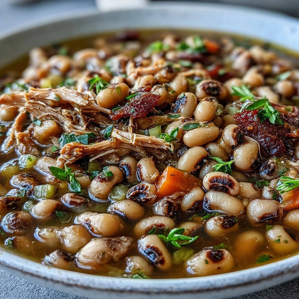 Steaming bowl of Black-Eyed Peas With Smoked Turkey, garnished with fresh parsley, served with cornbread.
