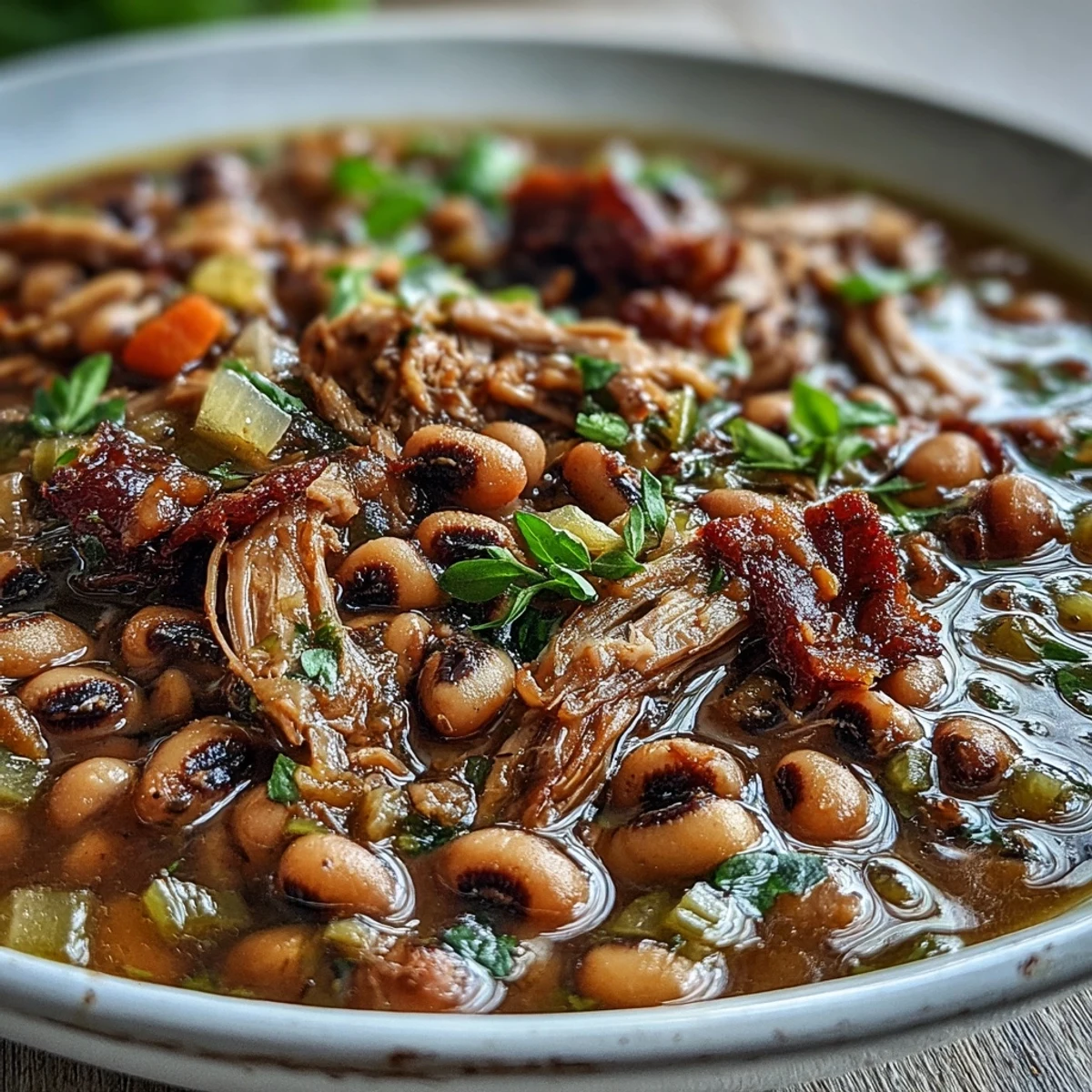 Southern-style Black-Eyed Peas With Smoked Turkey in a rustic bowl, garnished with parsley and hot sauce.