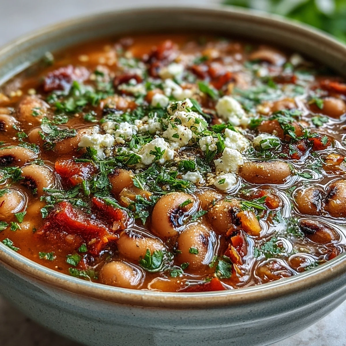 Creamy Greek-Style Slow Cooker Black-Eyed Peas stew served warm with feta and parsley.
