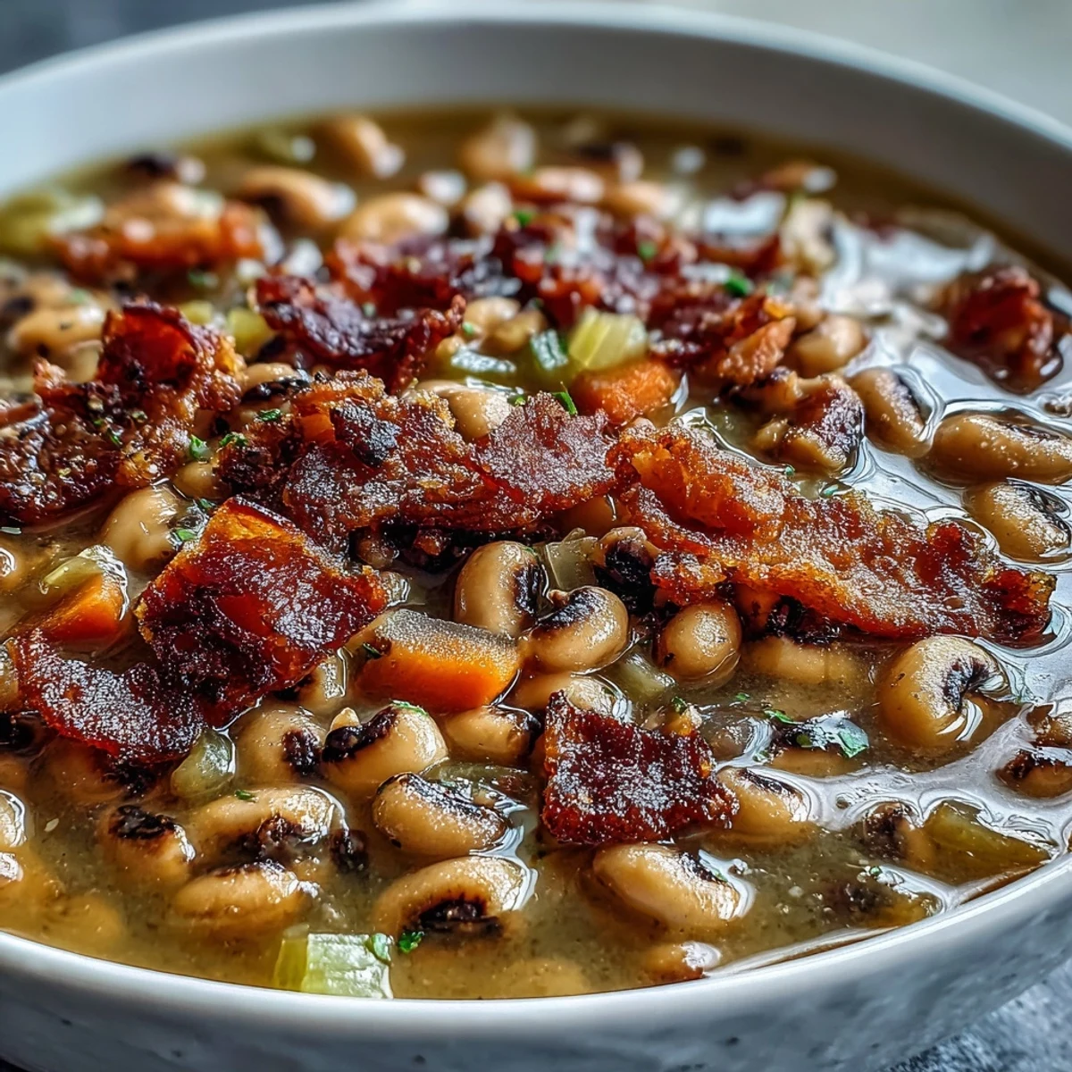 Hearty Black-Eyed Peas and Bacon Soup simmering in a rustic pot, garnished with fresh parsley.