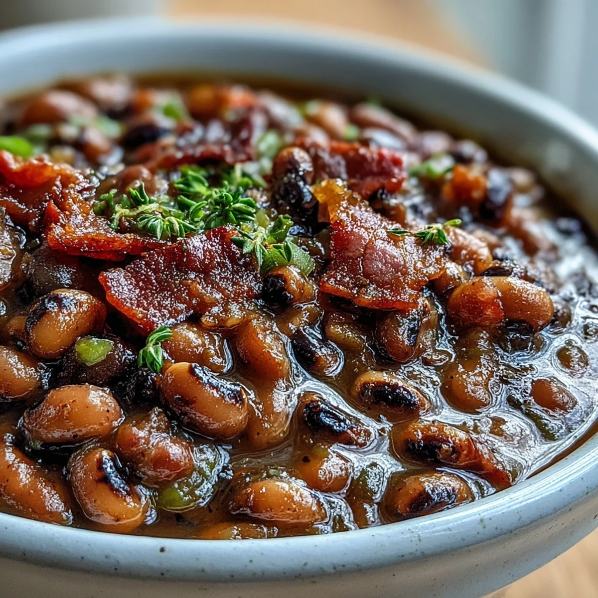 Smoky Texas Black-Eyed Peas simmer with bacon, jalapeños, and tomatoes in a rustic Dutch oven.