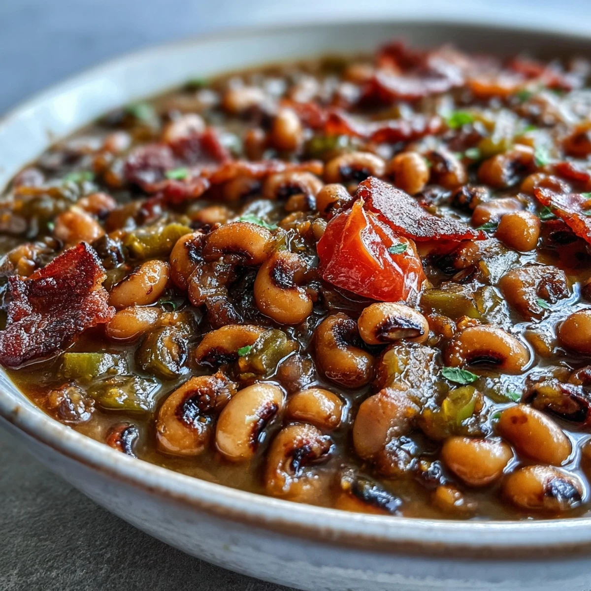 A ladle lifts creamy Texas Black-Eyed Peas, garnished with cilantro, beside a slice of cornbread.
