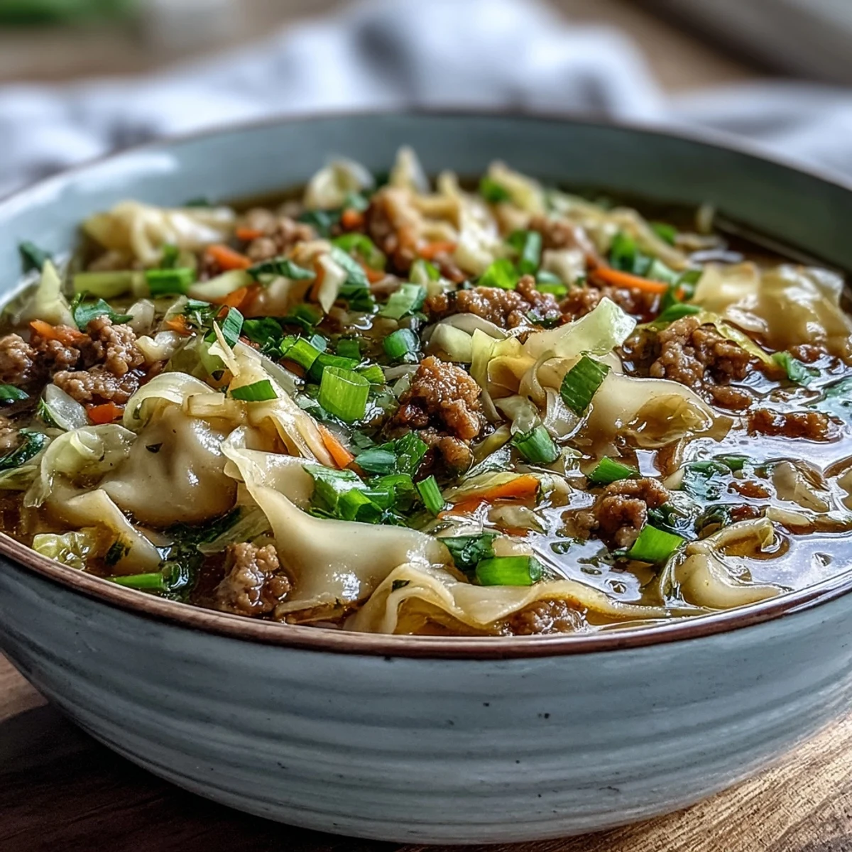 One-Pot Egg Roll Soup in a white bowl, steaming with tender cabbage and carrots, finished with fresh green onions and ginger.