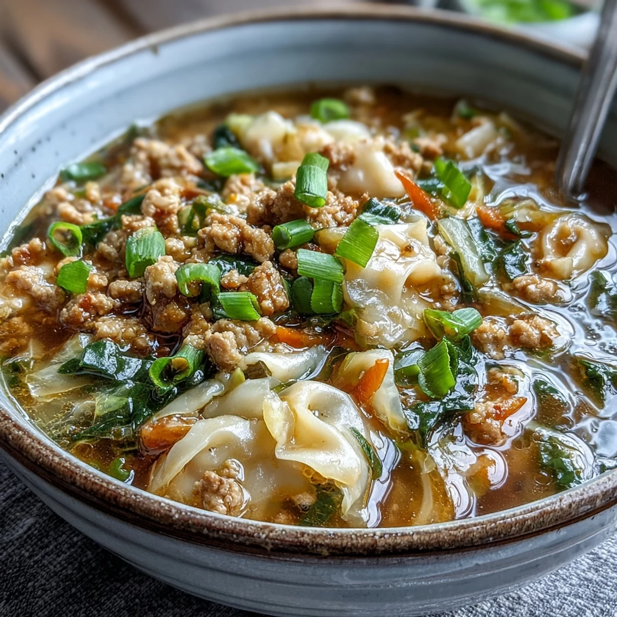 A hearty bowl of One-Pot Egg Roll Soup, rich with savory ground pork, crisp vegetables, and a delicate egg drop swirl.