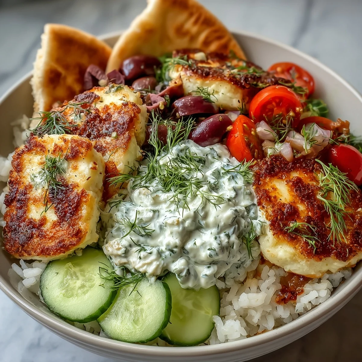 Golden-seared Greek Halloumi Power Bowl with fluffy rice, crisp veggies, and creamy tzatziki.