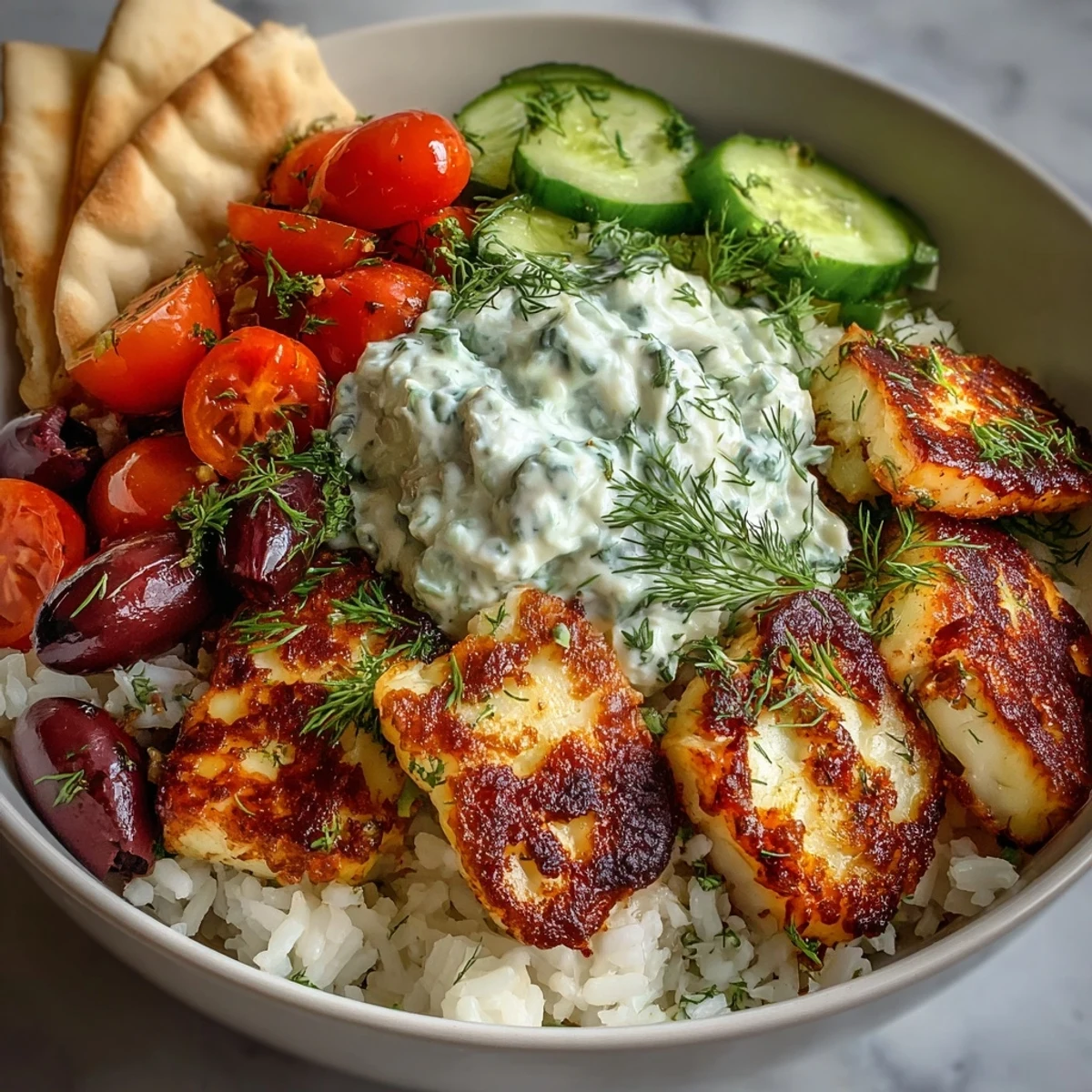 Close-up of a vibrant Greek Halloumi Power Bowl featuring cherry tomatoes and Kalamata olives.