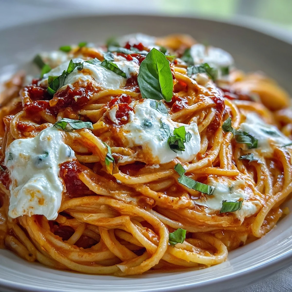 Creamy Red Pepper Pasta with Burrata & Herbs shines in a shallow bowl with torn burrata and basil.