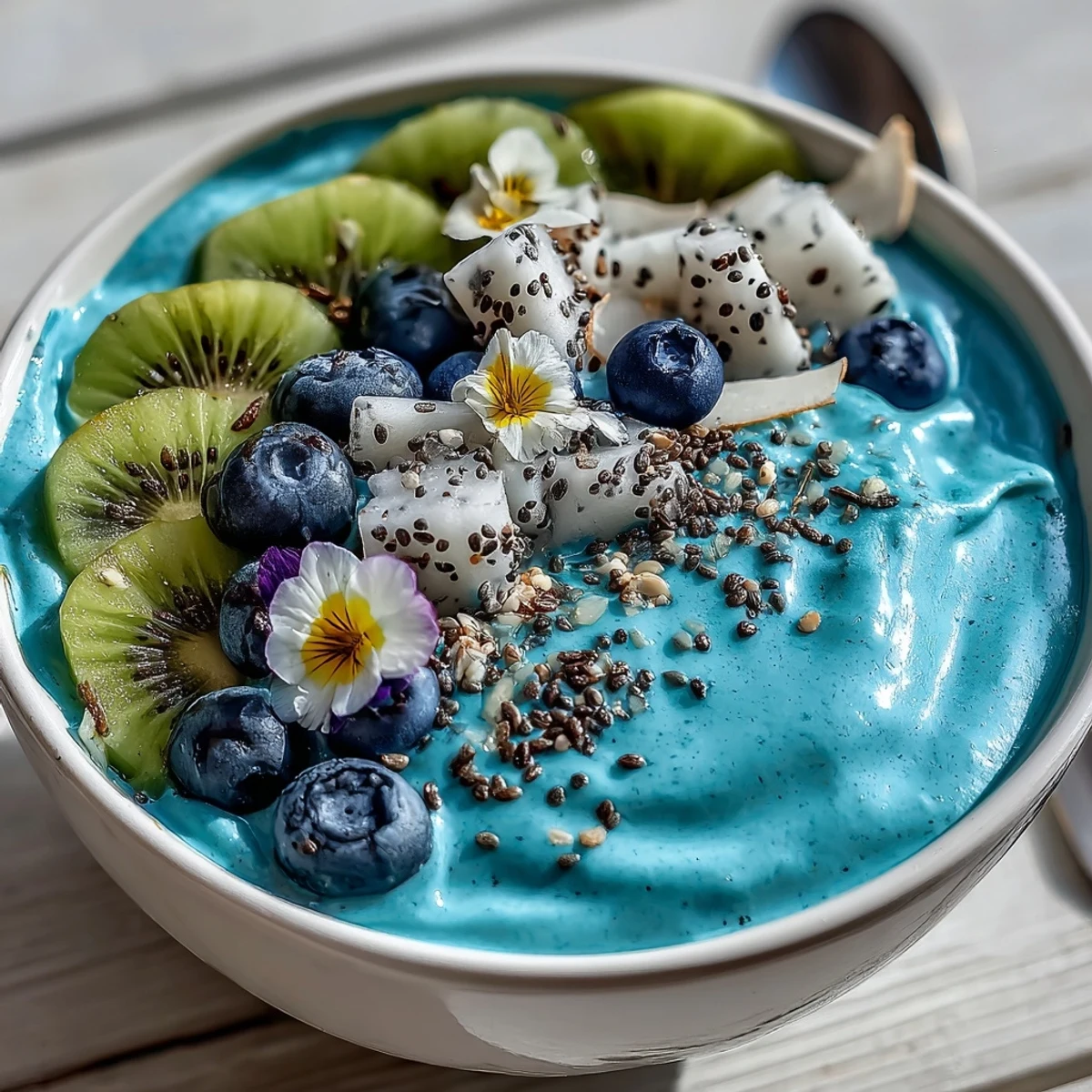 Vibrant blue Whimsical Healthy Mermaid Smoothie Bowl topped with kiwi, blueberries, and dragon fruit for a dreamy breakfast.