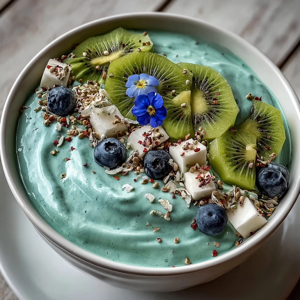 A thick, spoonable Whimsical Healthy Mermaid Smoothie Bowl featuring fresh fruit and coconut flakes, ready to enjoy.