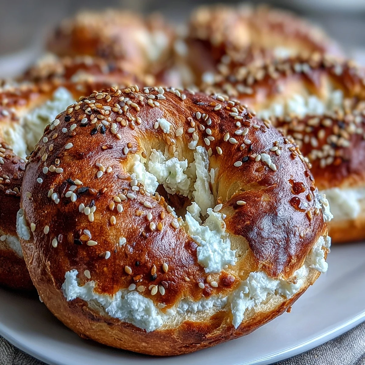 Sliced Greek Yogurt Bagels reveal a fluffy, chewy interior, perfect for serving with cream cheese and sliced avocado.