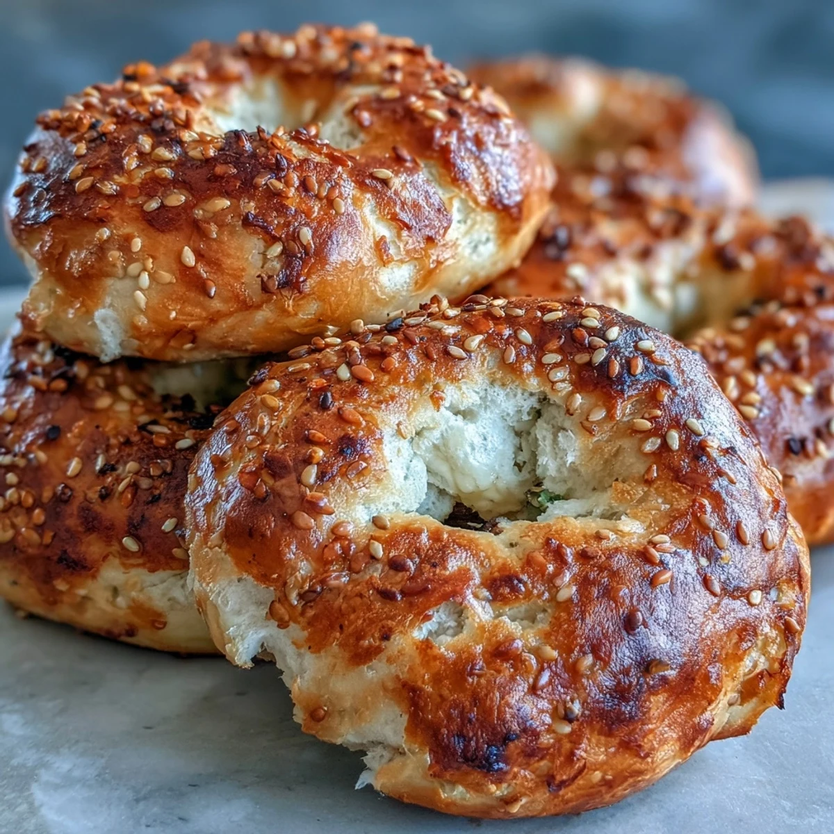 Warm Greek Yogurt Bagels fresh from the oven, brushed with egg wash and sprinkled with everything bagel seasoning.