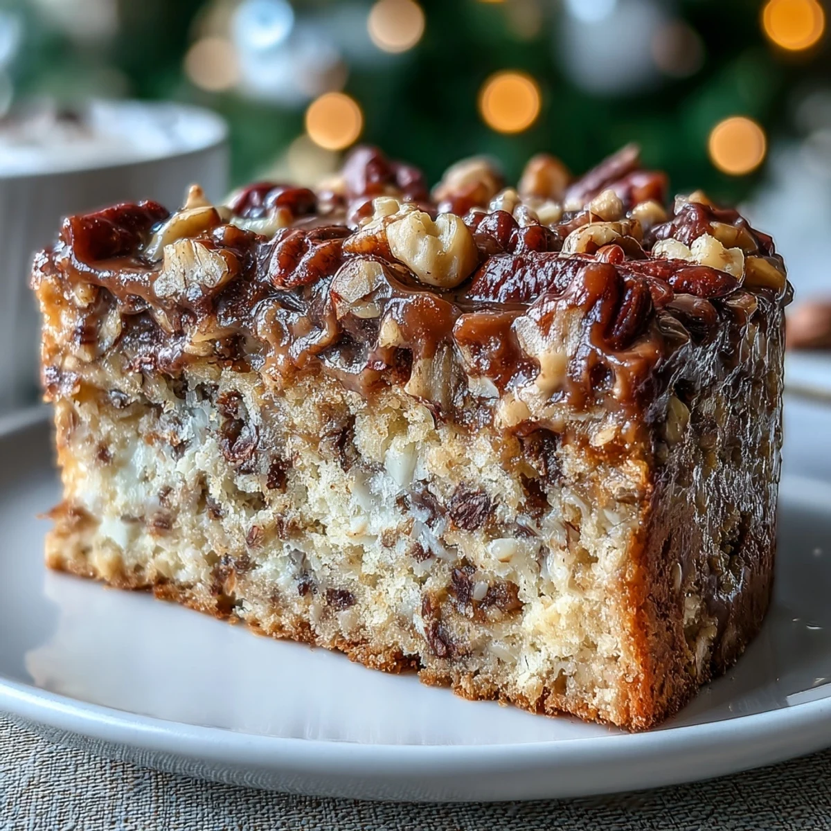 A hand holding a slice of homemade Christmas Toffee Crunch Cake, revealing the tender crumb and rich toffee texture against a cozy, decorated table background.