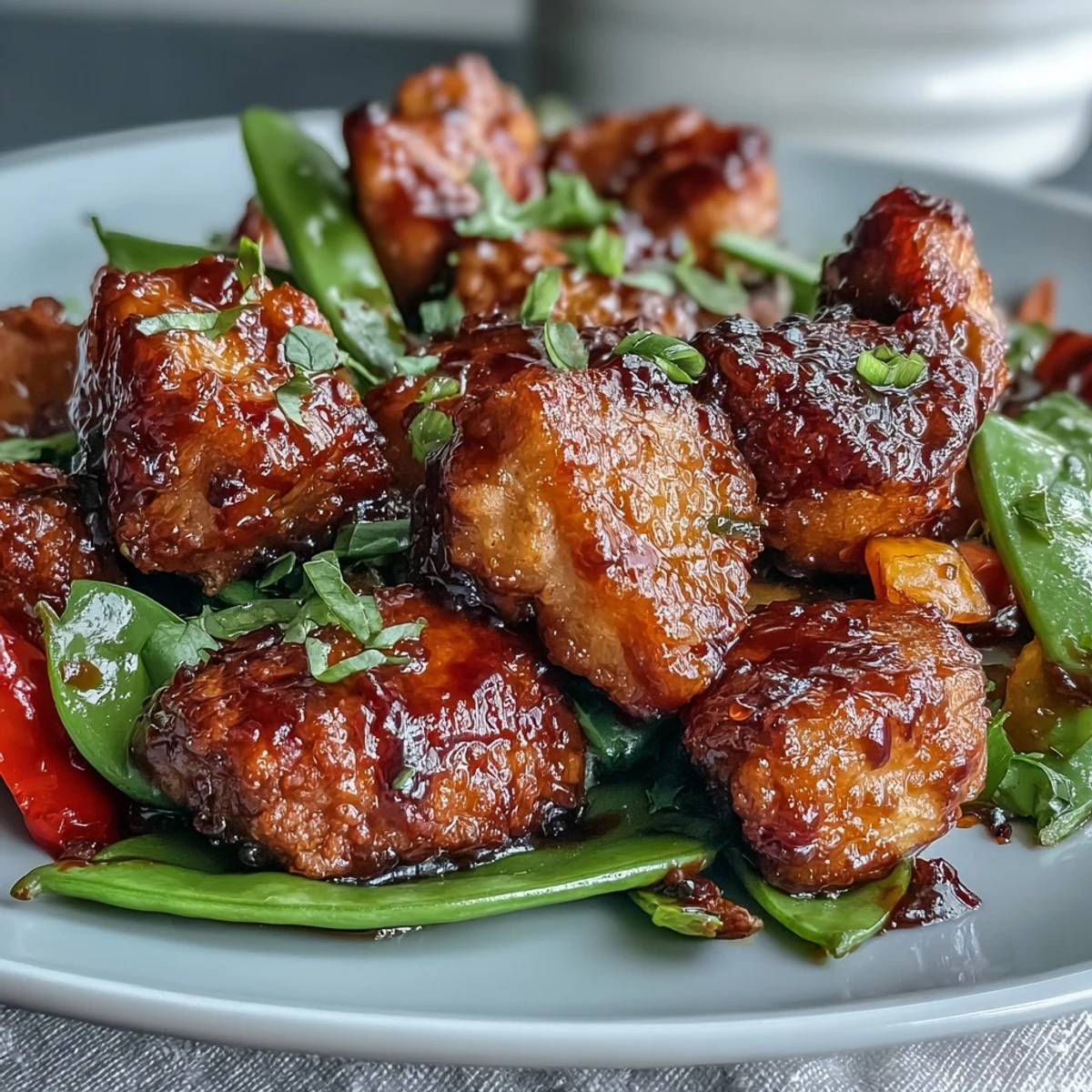 Plated Spicy Sweet Chicken Diablo featuring colorful vegetables and tender chicken, served with chopsticks for a weeknight dinner for two.