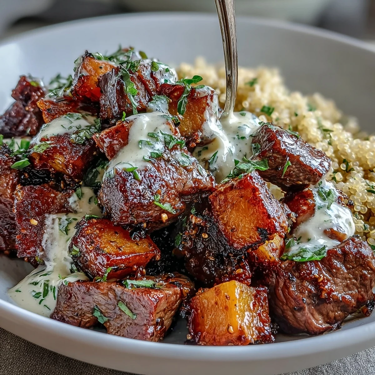 Roasted butternut squash and seared steak bites rest over fluffy quinoa in this Savory Butternut Squash & Garlic Herb Steak Bowls recipe.