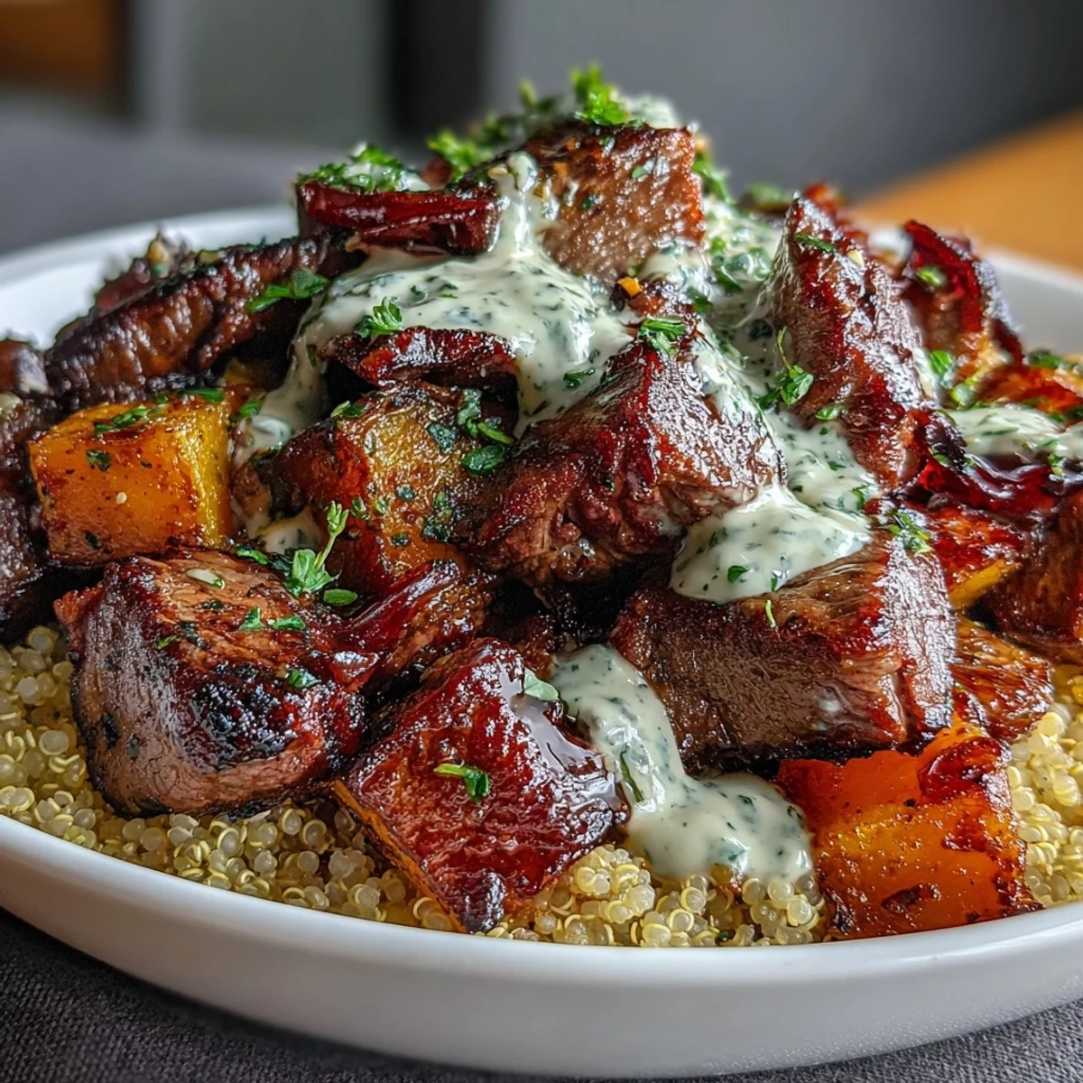 A rich garlic herb cream sauce drizzles generously over the Savory Butternut Squash & Garlic Herb Steak Bowls, garnished with fresh parsley.