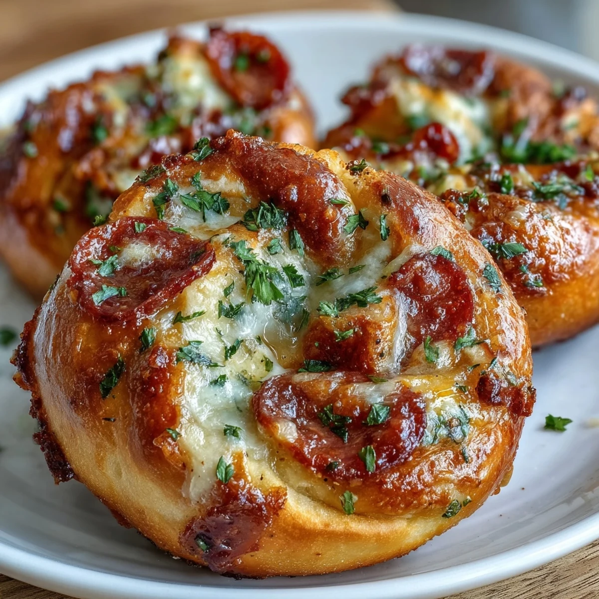 Freshly baked Pizza Roll Stuffed Garlic Knots with melted mozzarella and pepperoni peeking out of the golden crust.