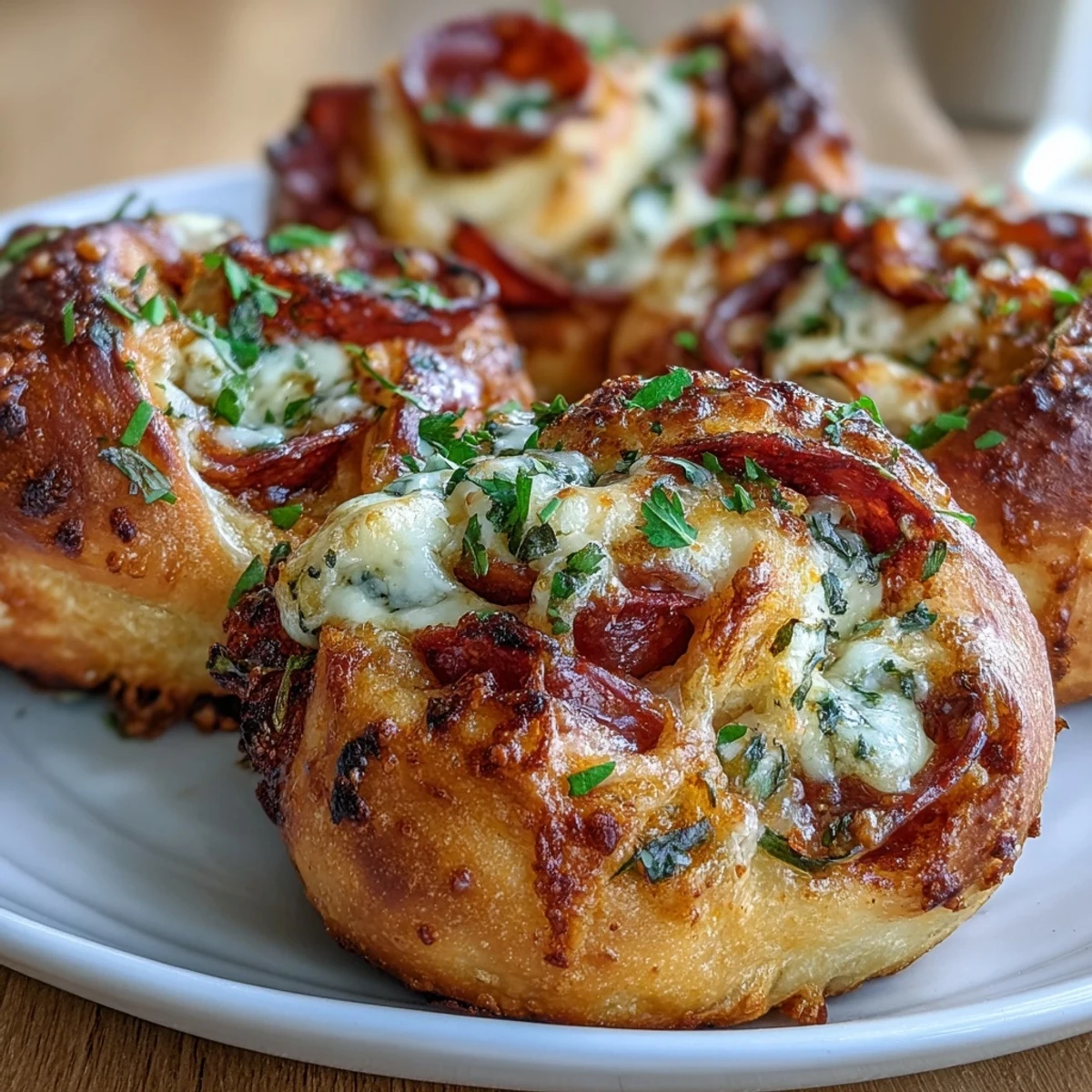 Warm Pizza Roll Stuffed Garlic Knots served with a small bowl of rich marinara sauce for dipping.