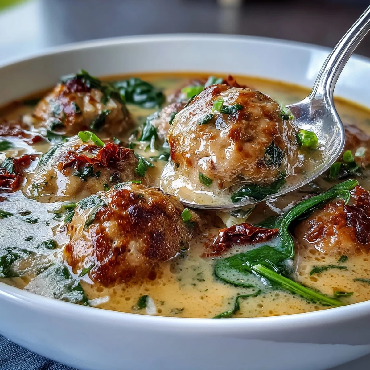 Tender turkey meatballs simmer in a creamy garlic Parmesan broth with spinach and sun-dried tomatoes in this Creamy Tuscan Turkey Meatball Soup.