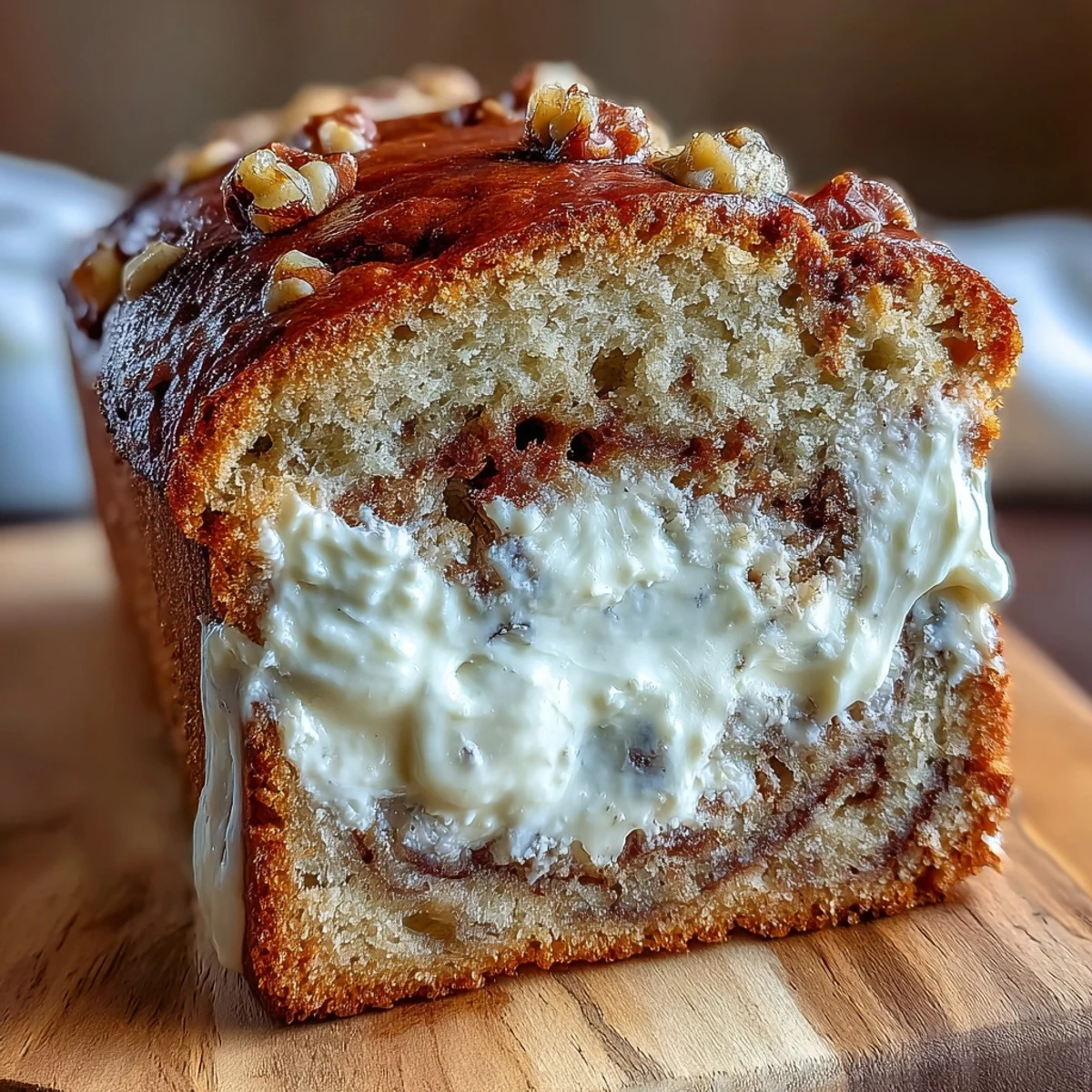 Freshly baked Cream Cheese Cinnamon Swirl Protein Loaf slices, showcasing a moist banana bread texture with rich, creamy swirls on a rustic plate.
