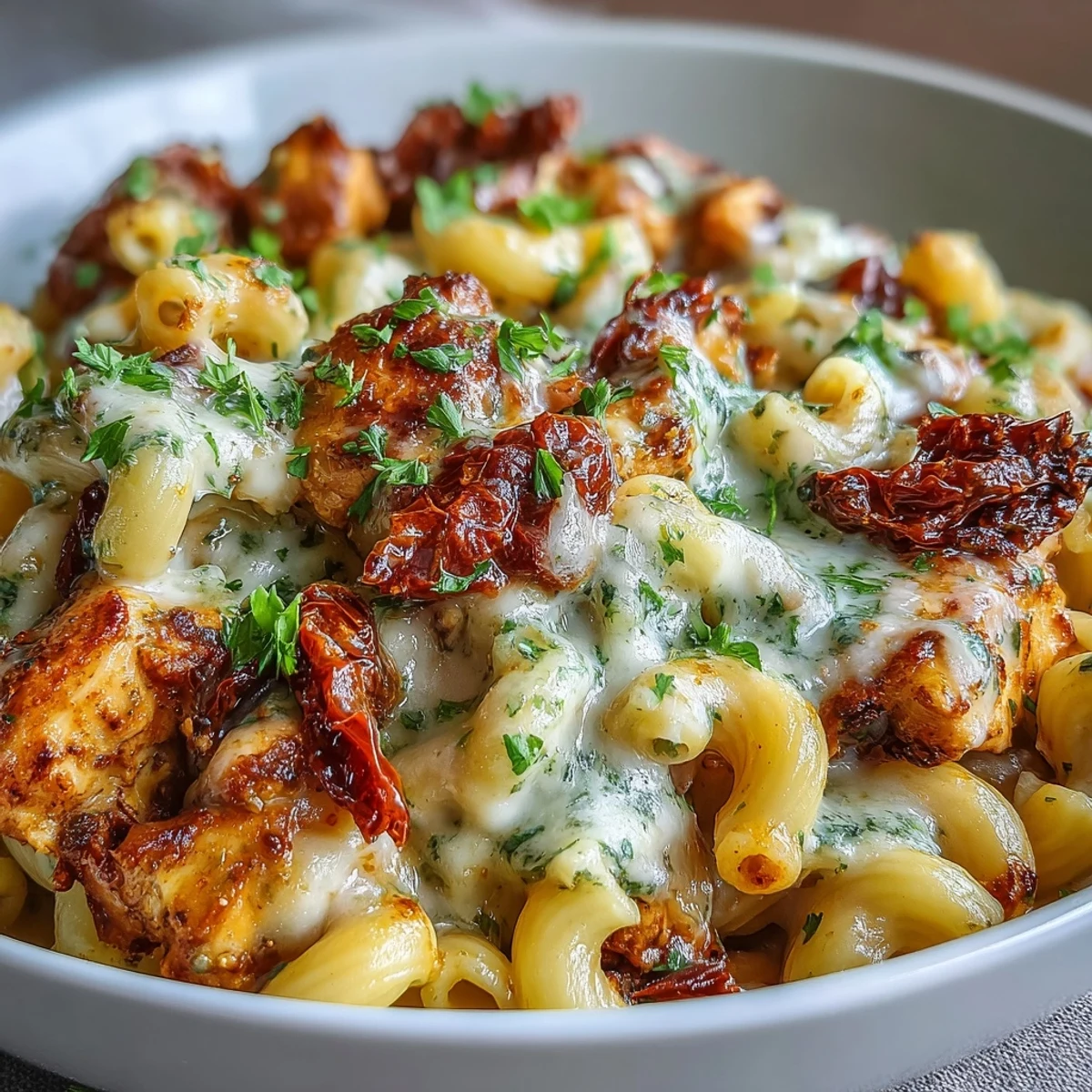 Steaming bowl of Pesto Chicken Chili Mac featuring tender chicken, elbow macaroni, and melted mozzarella.