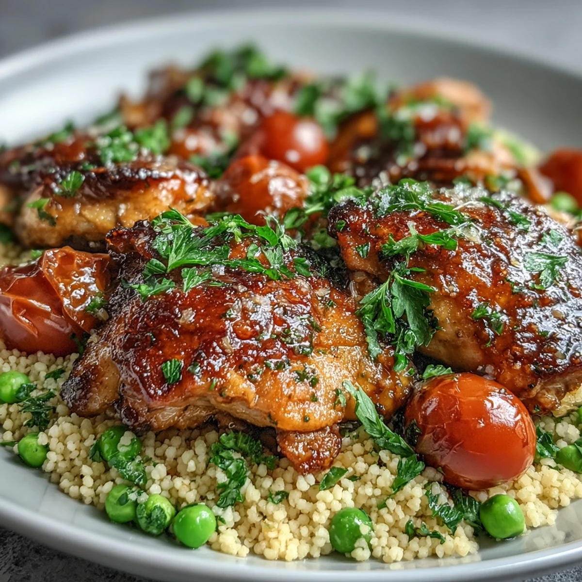 Tender chicken and savory couscous soak up pan juices in this finished One-Pan Garlic Butter Chicken Couscous, ready to serve.