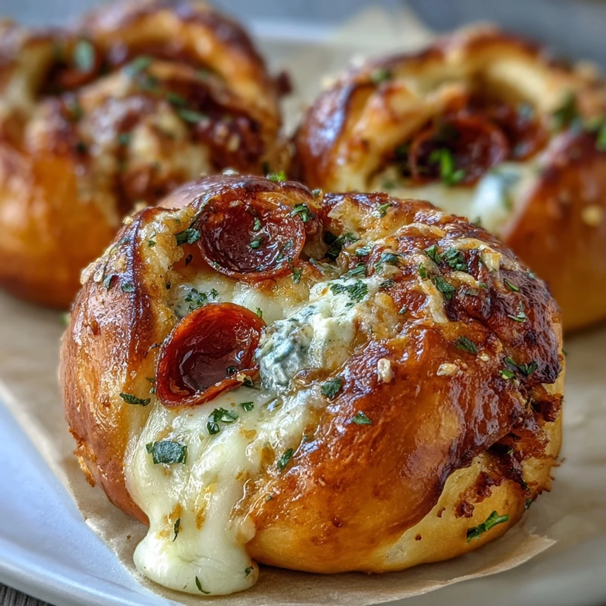 Homemade Pizza Roll Stuffed Garlic Knots on a rustic board with fresh parsley, perfect game-day snack.