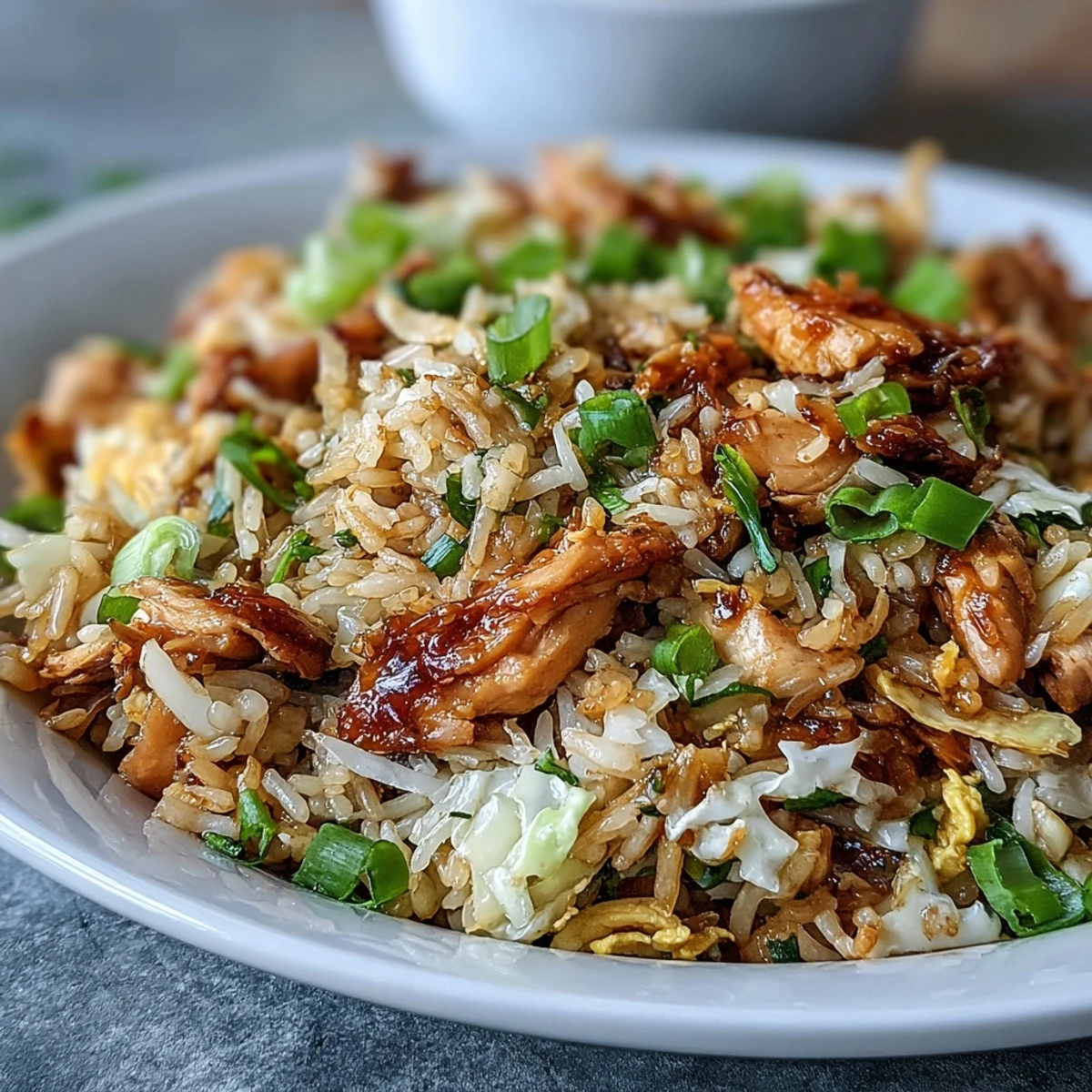 Steaming wok of Egg Roll Fried Rice with chicken, soy sauce, and sesame.