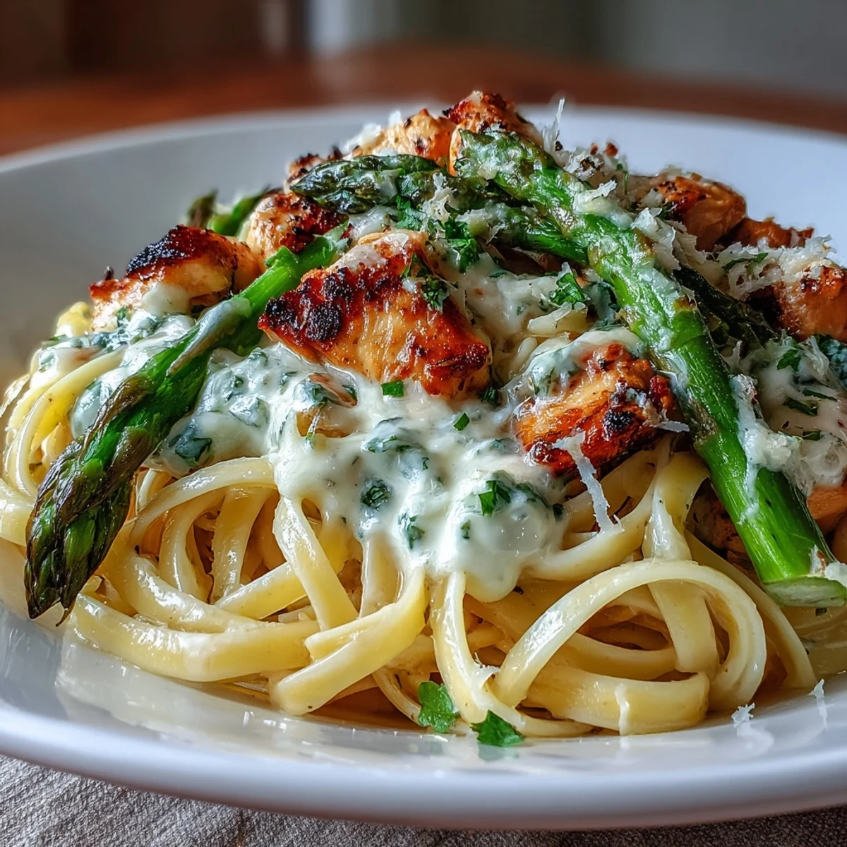 Golden, crispy roasted asparagus with Asiago cheese on a baking sheet next to a bowl of raw chicken and linguine, ingredients for Creamy Asiago Chicken & Asparagus Pasta.
