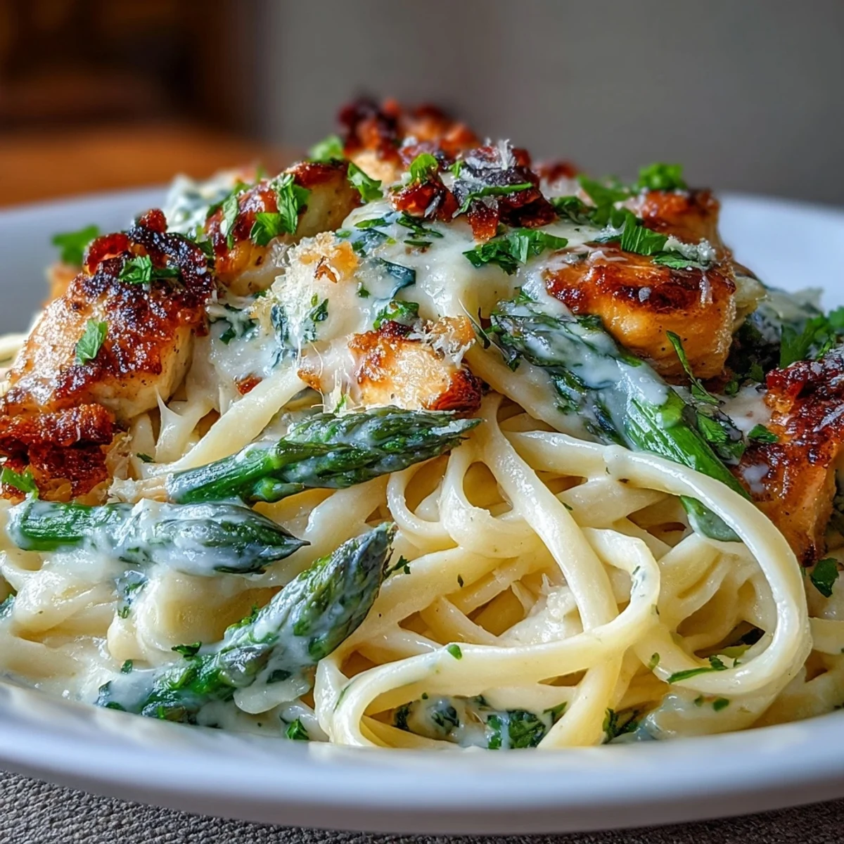 Creamy Asiago Chicken & Asparagus Pasta in a white bowl, featuring tender chicken, roasted asparagus, and linguine coated in a rich, velvety Parmesan cream sauce.
