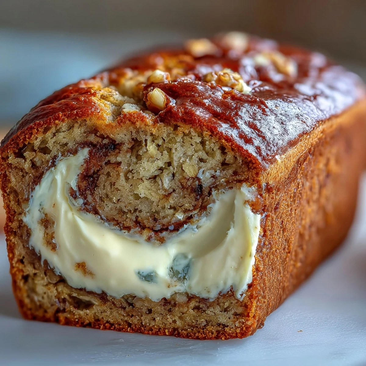 Freshly baked Cream Cheese Cinnamon Swirl Protein Loaf on a wooden cutting board, showcasing a moist interior and a golden crust ready to slice.