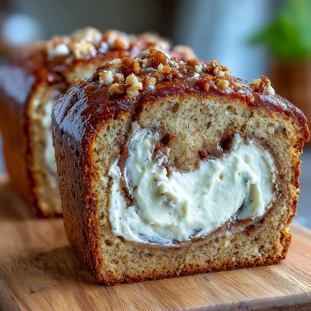 A thick slice of Cream Cheese Cinnamon Swirl Protein Loaf revealing a beautiful ribbon of cinnamon-spiced cream cheese filling and soft banana bread texture.