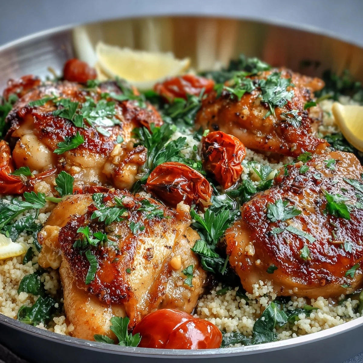 Close-up of tender chicken, garlic butter sauce, and fluffy couscous in One-Pan Garlic Butter Chicken Couscous for a quick dinner.