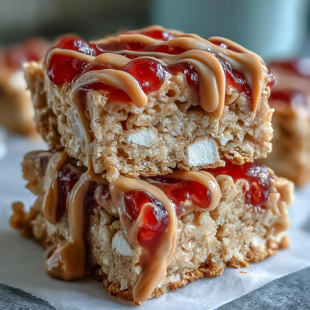 Frosted High-Protein PB&J Rice Krispie Bars showing a peanut butter drizzle and jelly swirls on a marble board.