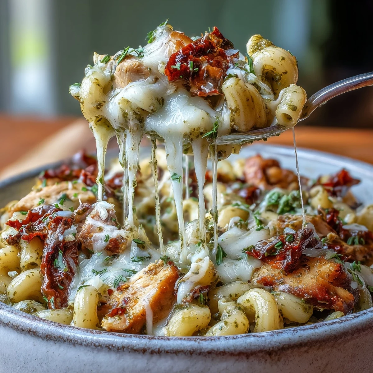 Creamy Pesto Chicken Chili Mac in a bowl, topped with melted mozzarella, sun-dried tomatoes, and fresh basil.