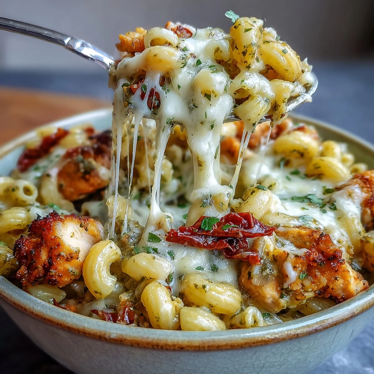 Steaming pot of Pesto Chicken Chili Mac with tender chicken pieces, pasta, and a rich, green pesto sauce.