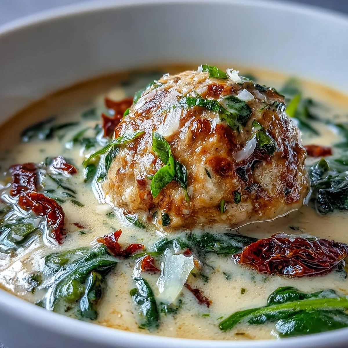Creamy Tuscan Turkey Meatball Soup steaming in a rustic bowl with spinach and sun-dried tomatoes. 